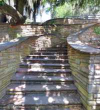 An interactive HDR panorama from the staircase of Indian Mound at Phillipe Park in Safety Harbor. Upper Tampa Bay lies beyond the trees - the quality of the stonework here is a major treat. The photographic images were shot with a Canon S95.